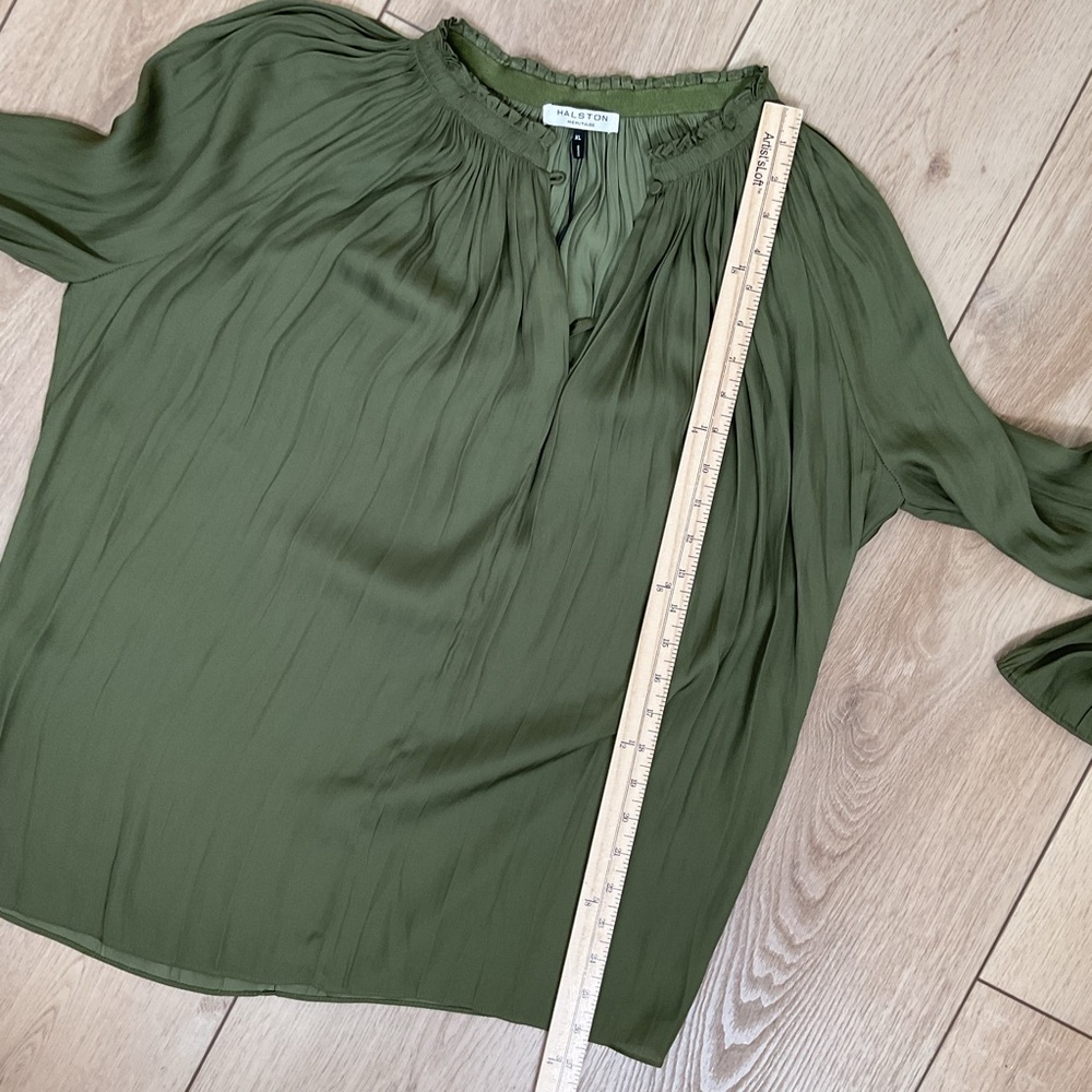 Halston Heritage Olive Green Long-Sleeve Silk Blouse - Picture 15 of 16
